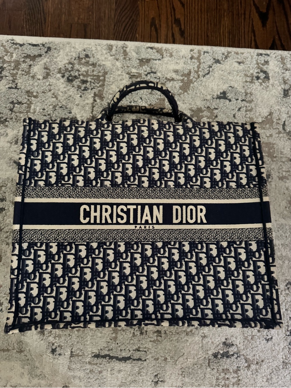 Authentic Dior Navy and Cream Oblique Logo Tote Bag